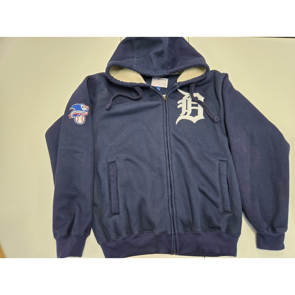 Detroit Tigers MLB Hoodie Men Large Navy Blue Waffle Knit Fleece Lined Zip Up